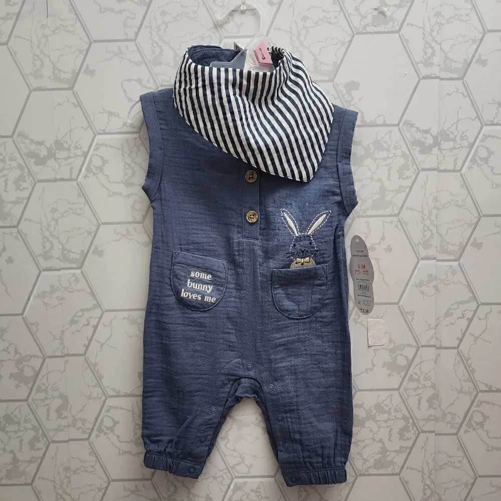 NWT Unisex Easter summer romper and bandana Gauze 100% Cotton set